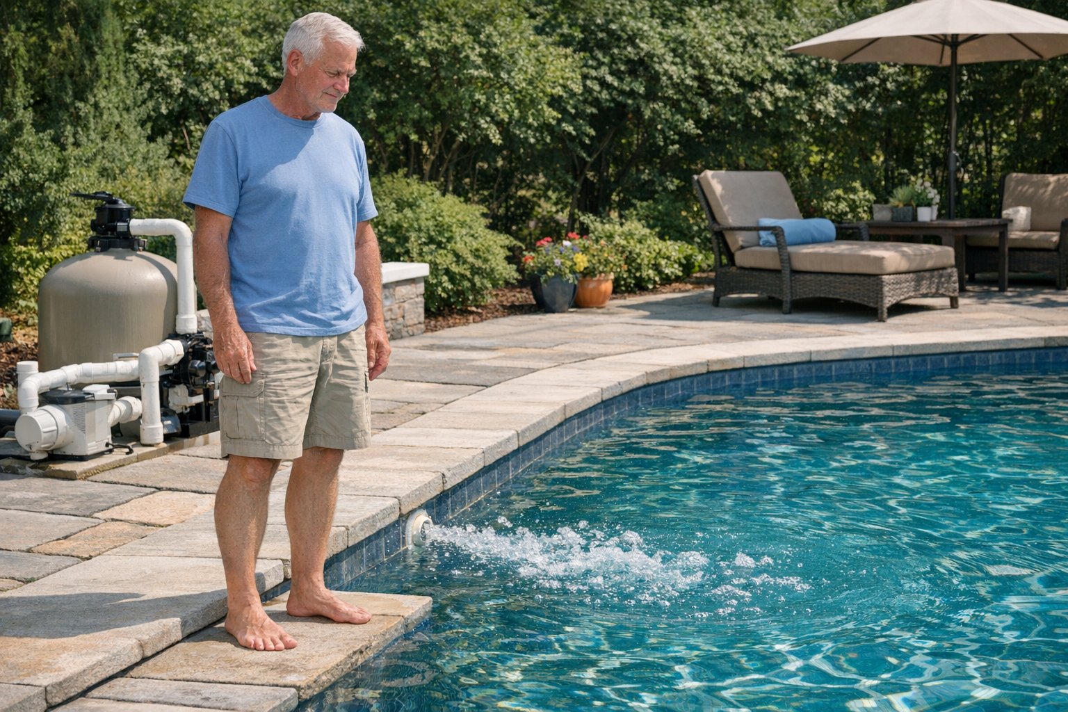 Pool return jet releasing air bubbles into clear swimming pool water