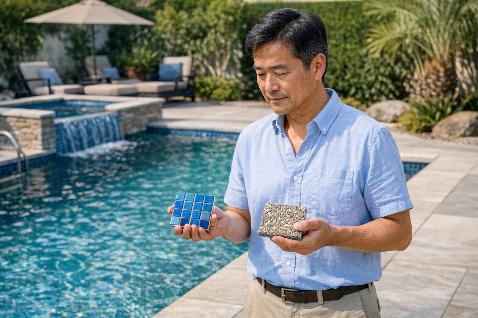 Glass tile swimming pool next to a pebble-finish pool surface comparison