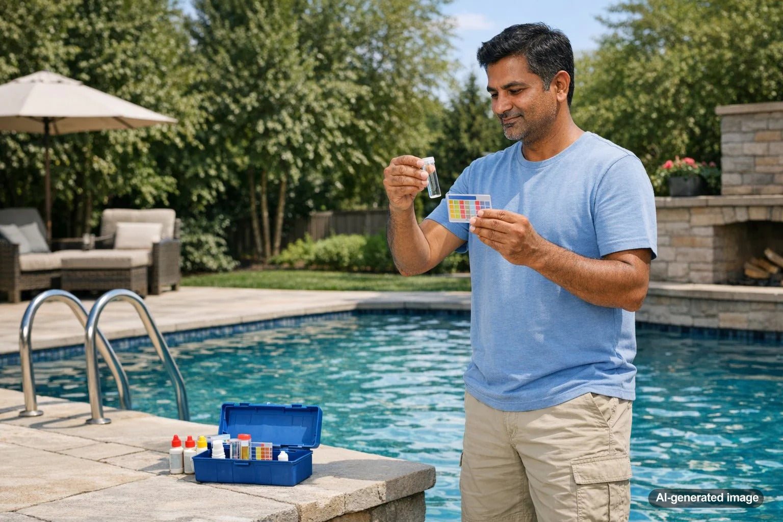 Beginner testing pool water chemistry with a test kit at poolside