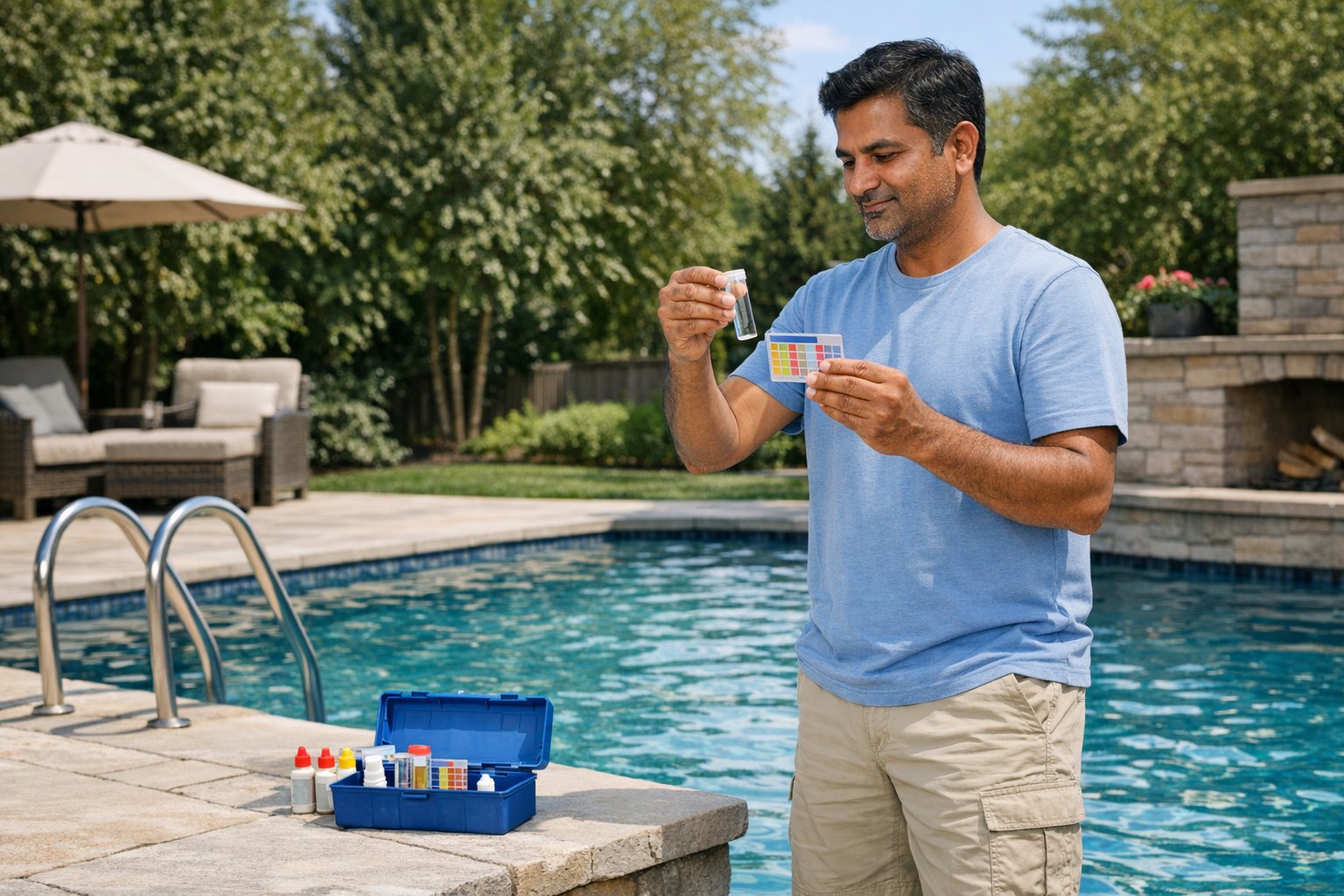 Beginner testing pool water chemistry with a test kit at poolside