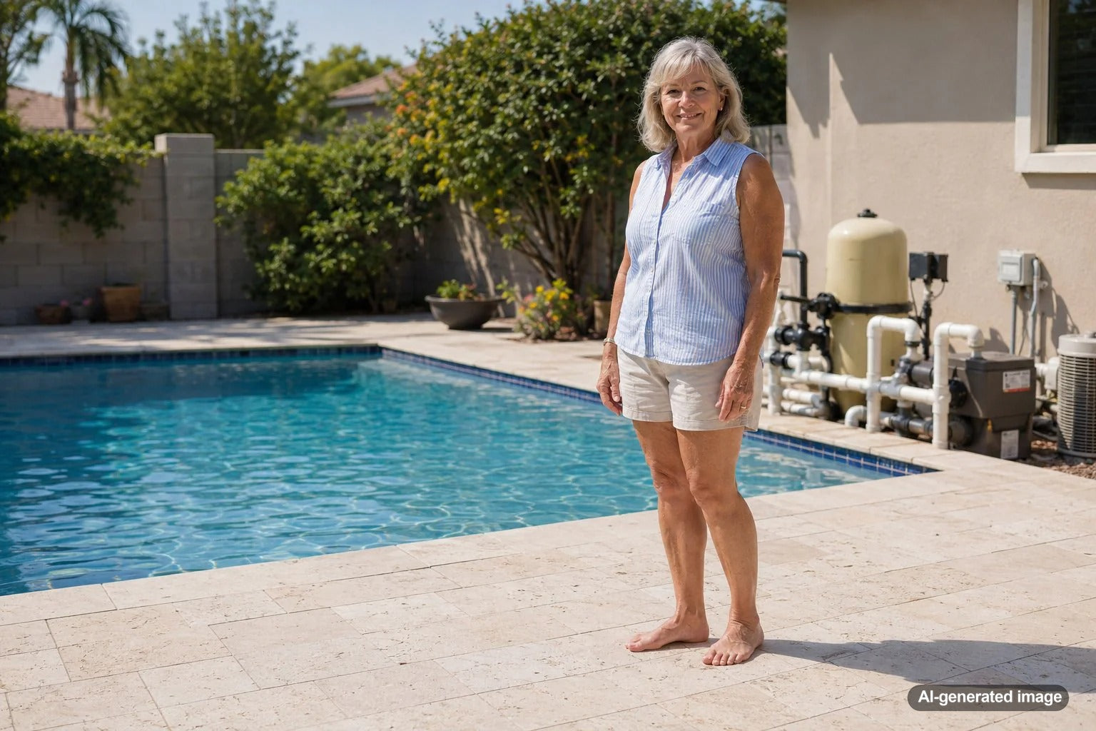 Comfortable pool deck materials around a backyard swimming pool in a hot sunny climate