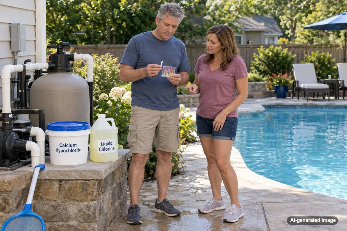 Pool owner comparing calcium hypochlorite and liquid chlorine for swimming pool maintenance