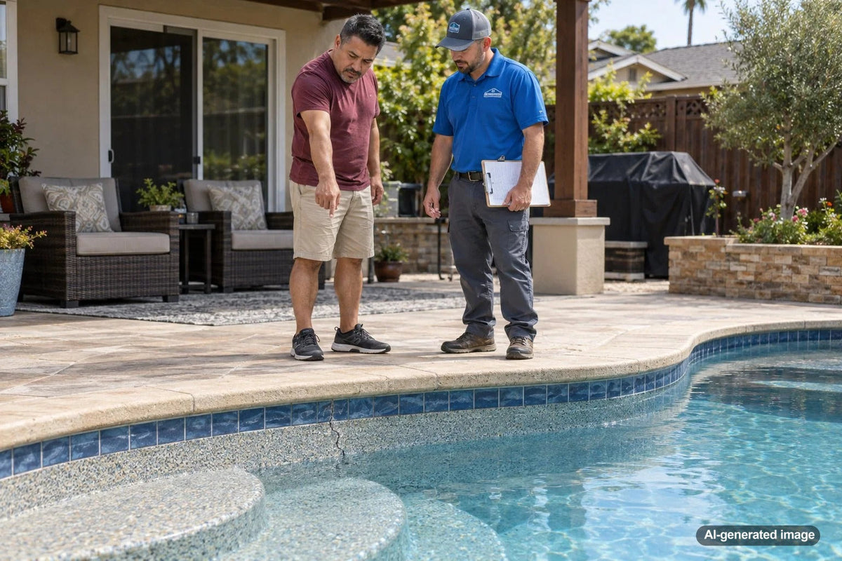 Close-up of a crack in the textured pebble finish of a residential swimming pool, illustrating potential pool surface damage and water loss concerns