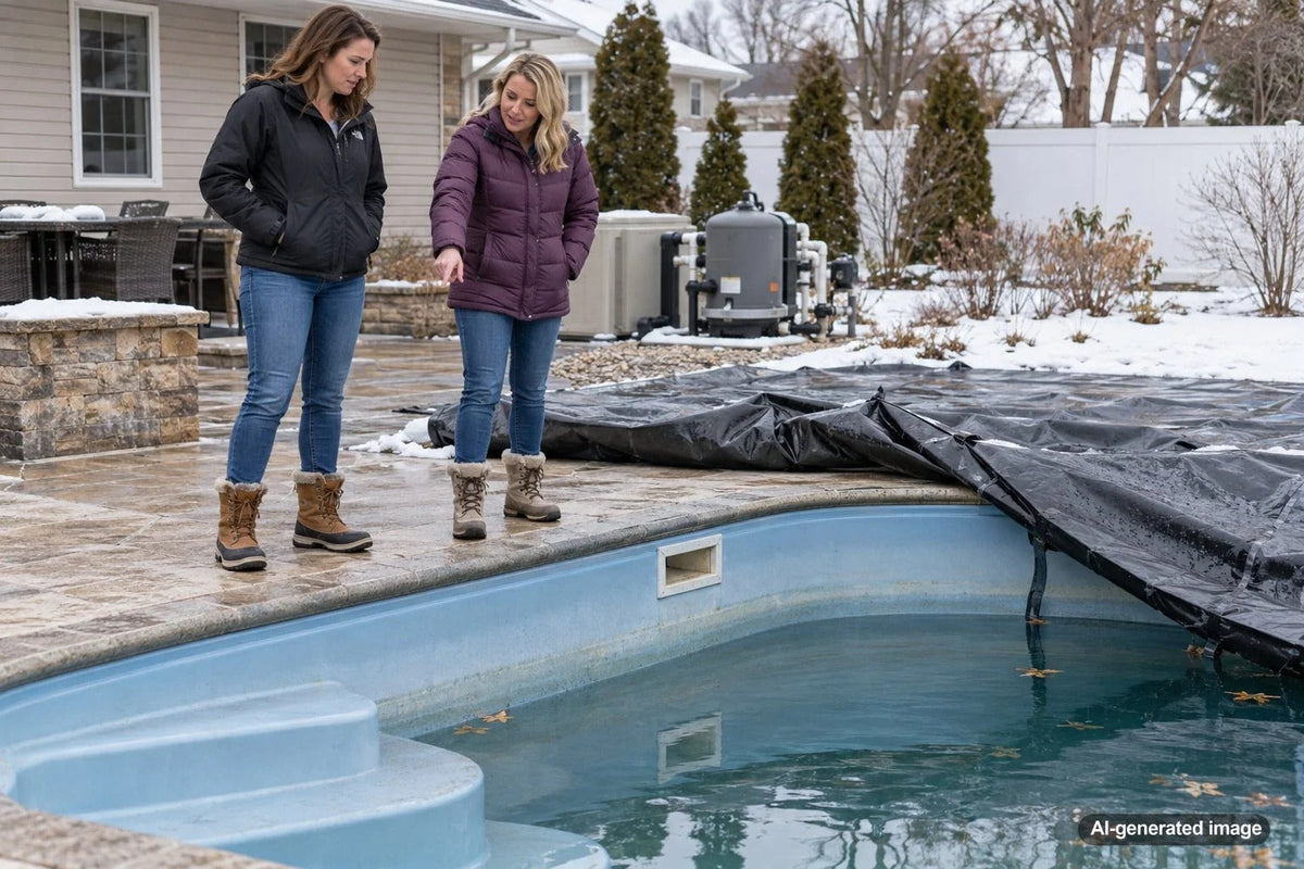 Residential fiberglass swimming pool during winter with low water level exposing part of the pool walls and steps