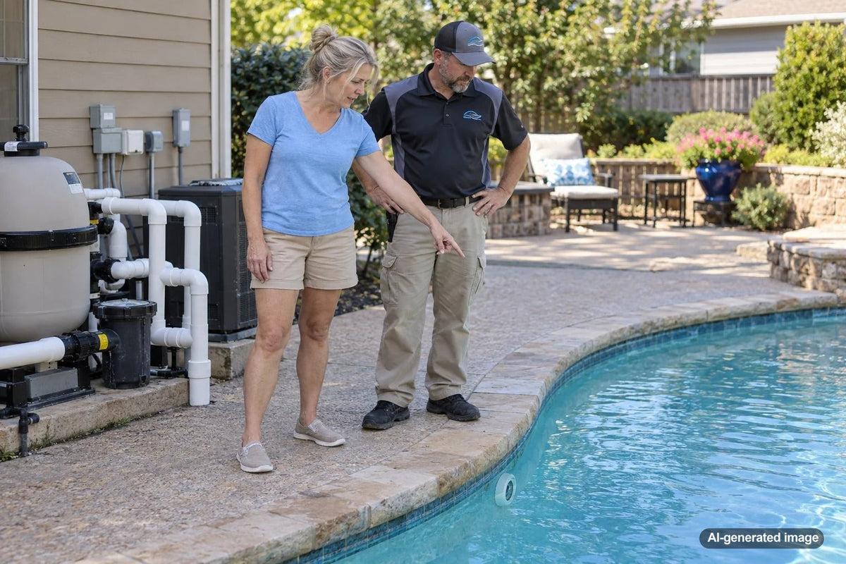 Swimming pool return fitting being inspected for a possible source of slow water loss
