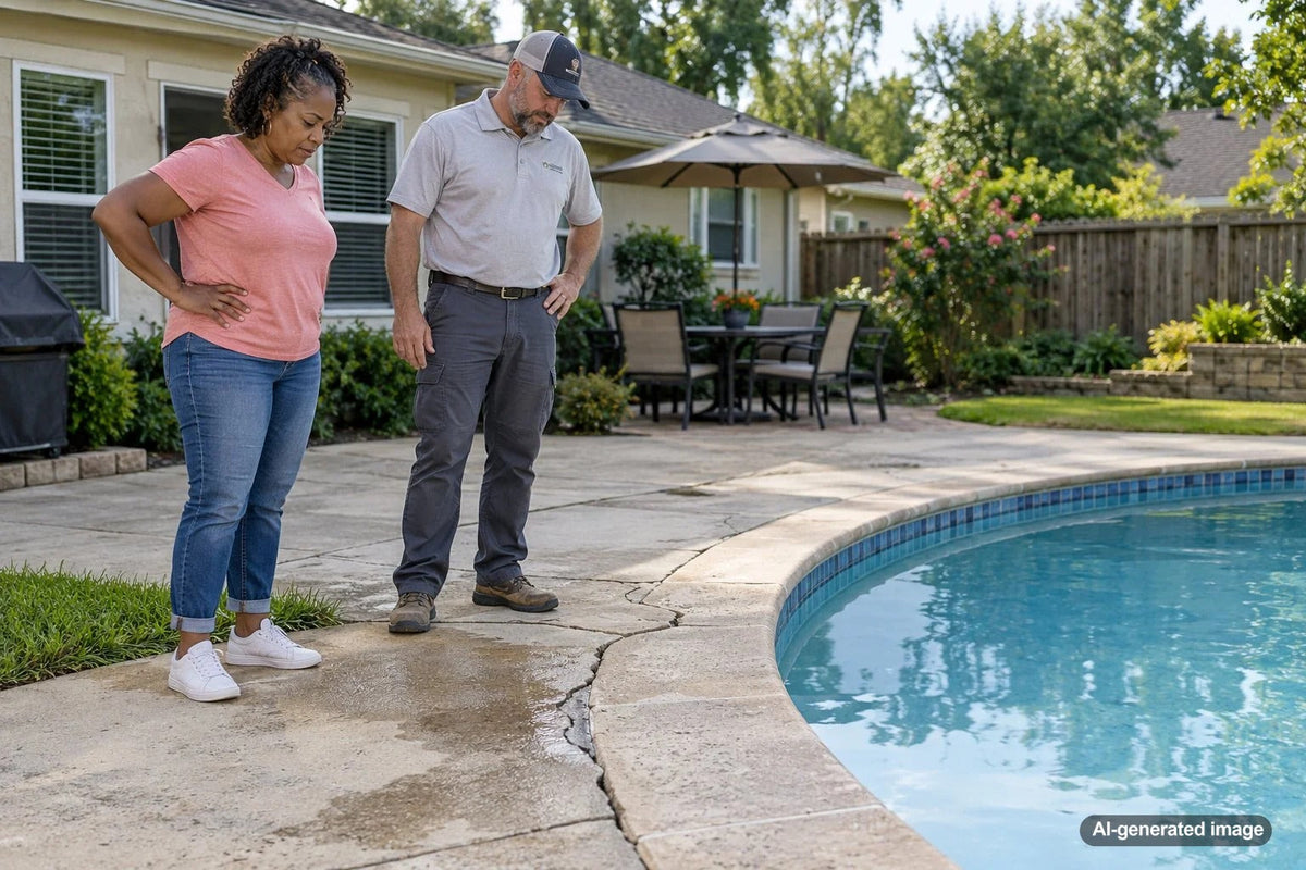 Cracked concrete beside a residential swimming pool where an underground pool leak may be affecting the supporting soil