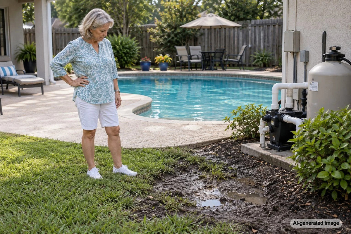 Mushy wet soil beside a swimming pool deck that may indicate a hidden pool leak