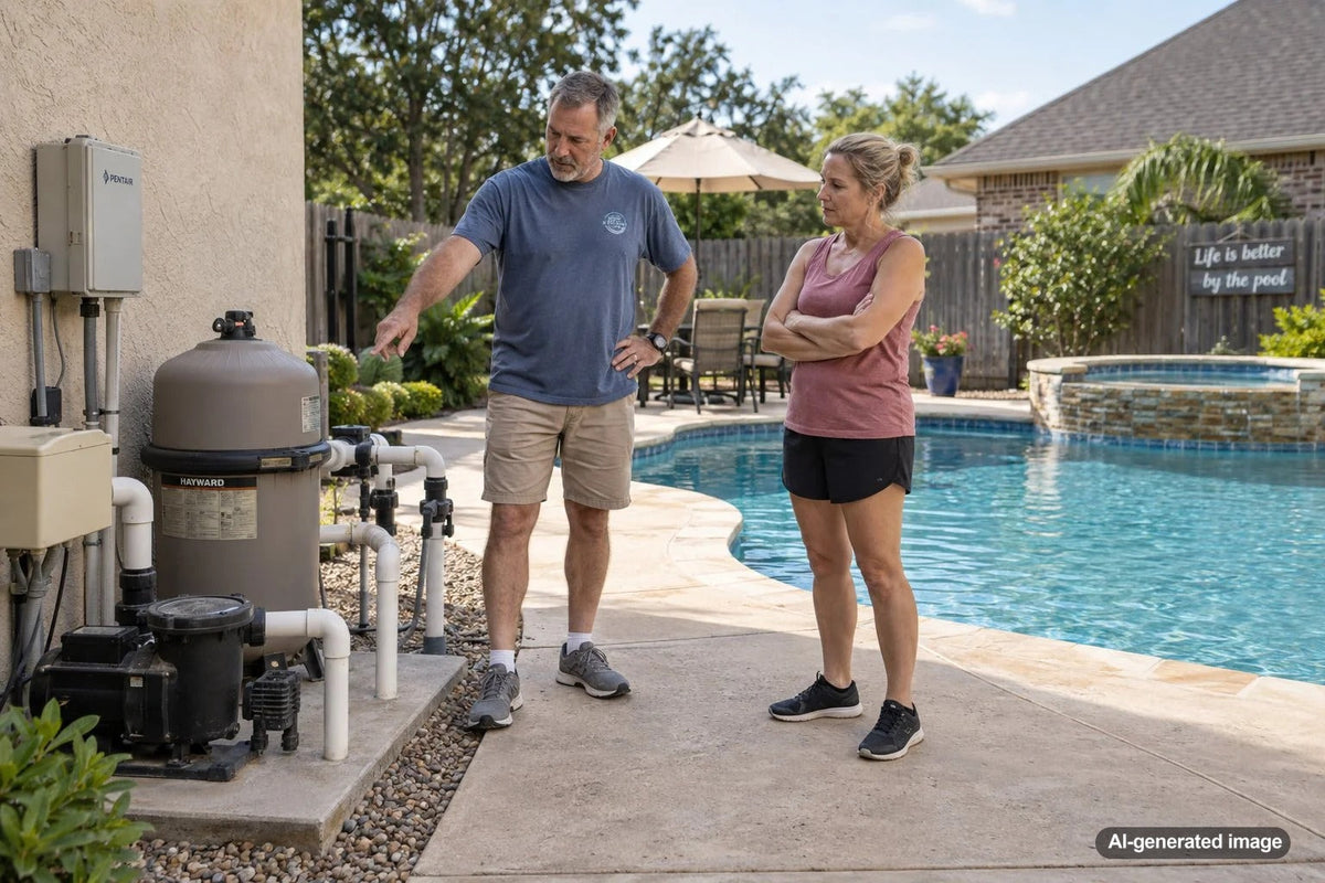 Swimming pool with clear water and a dry surrounding deck despite possible hidden water loss