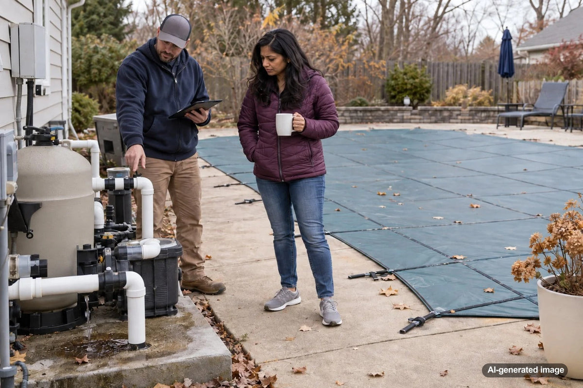 Closed backyard swimming pool during winter with water level being monitored for possible leak-related water loss