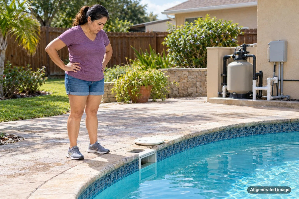 Inground swimming pool overflow drain area and surrounding deck where an underground drainage pipe leak may develop