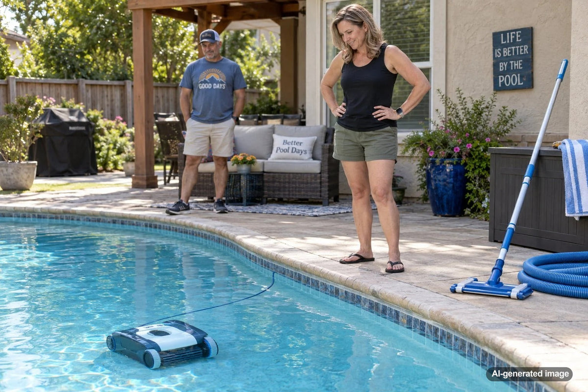 Robotic pool cleaner vacuuming debris from the floor of a residential swimming pool