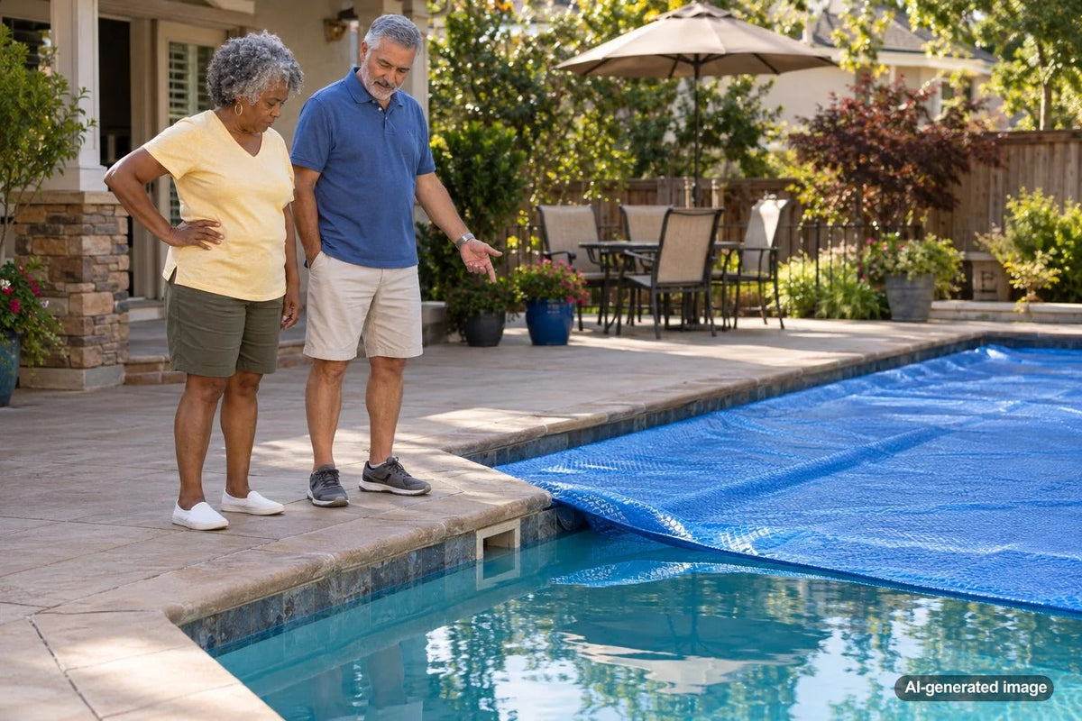 Swimming pool with a solar cover illustrating how reduced evaporation can make a pool leak harder to notice