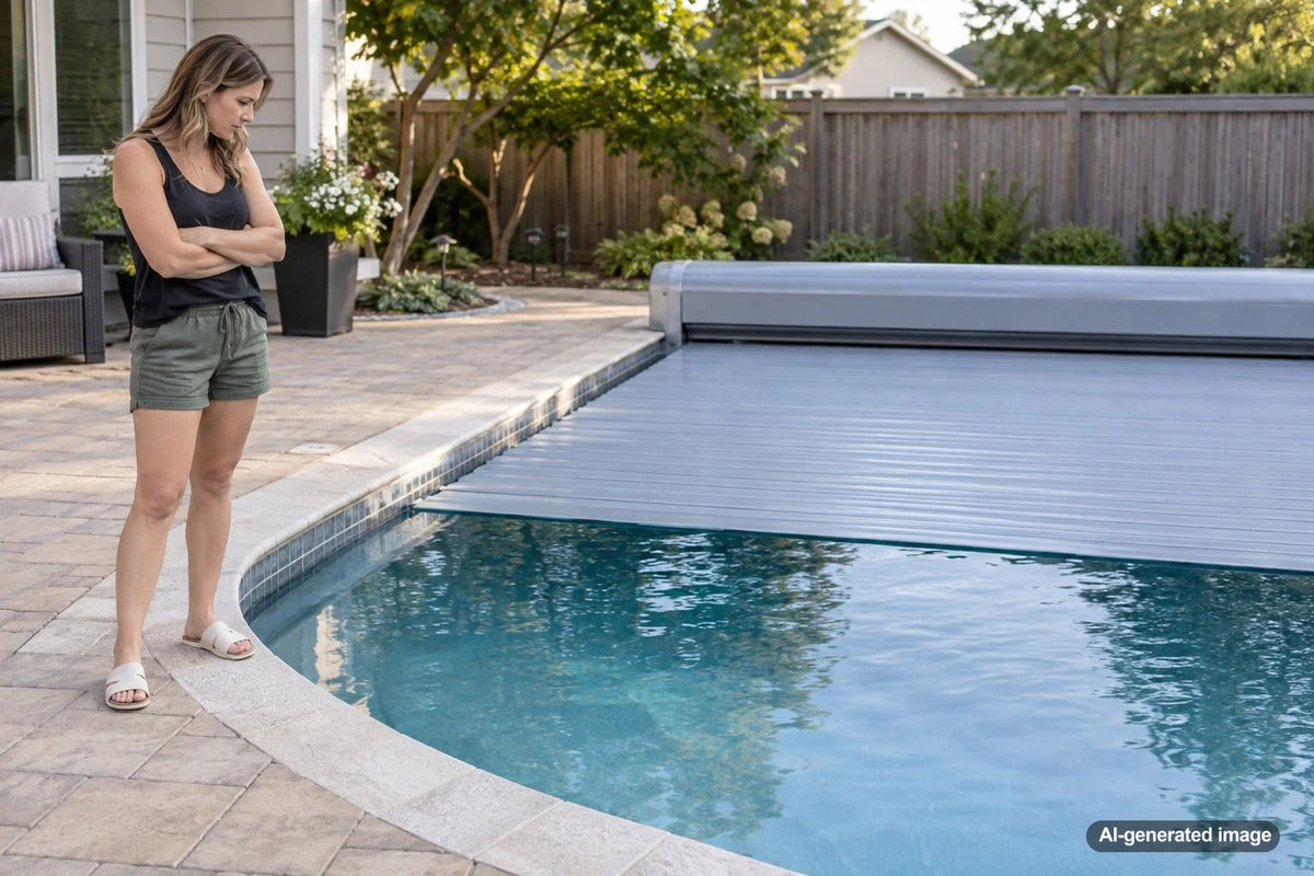 Automatic swimming pool cover closed over a backyard pool to reduce evaporation and water loss