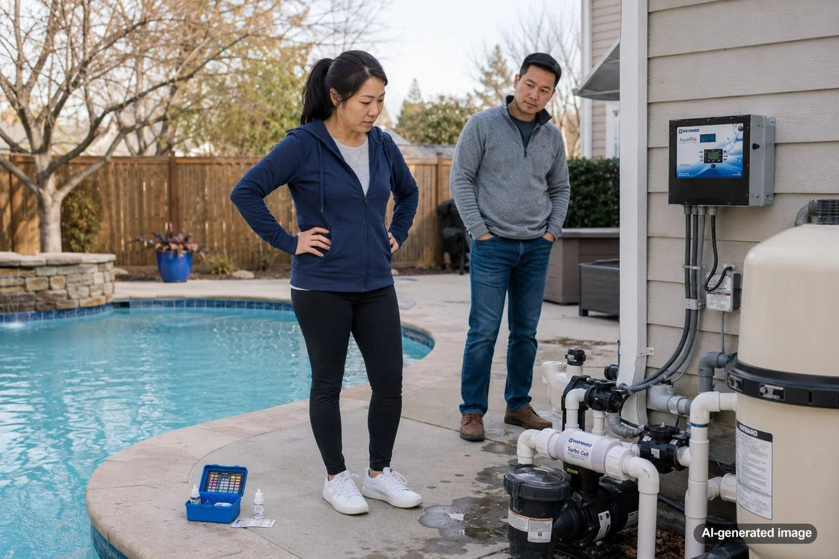 Salt chlorine generator equipment beside a residential swimming pool during cold weather