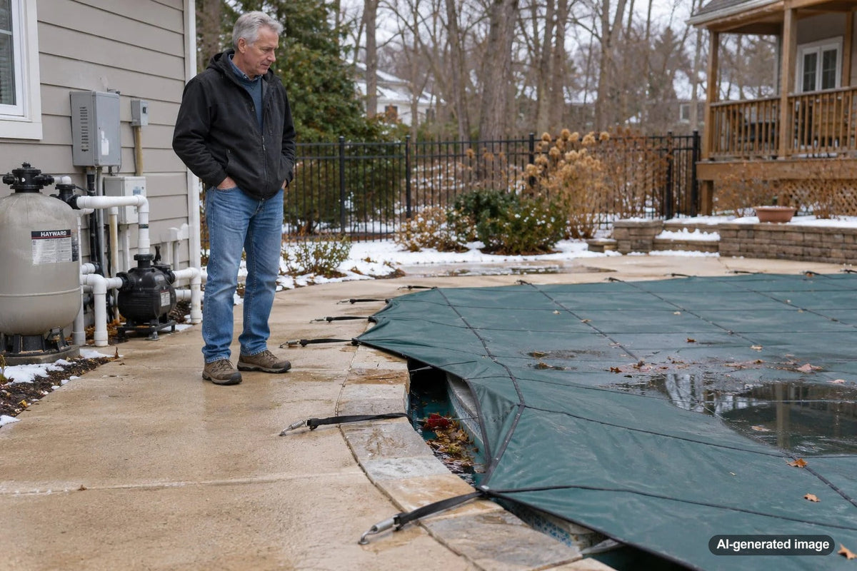 Residential swimming pool covered for winter while the water level is monitored for evaporation and possible water loss