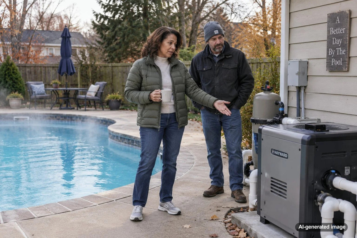 Residential swimming pool and pool heater operating during cold 40-degree weather
