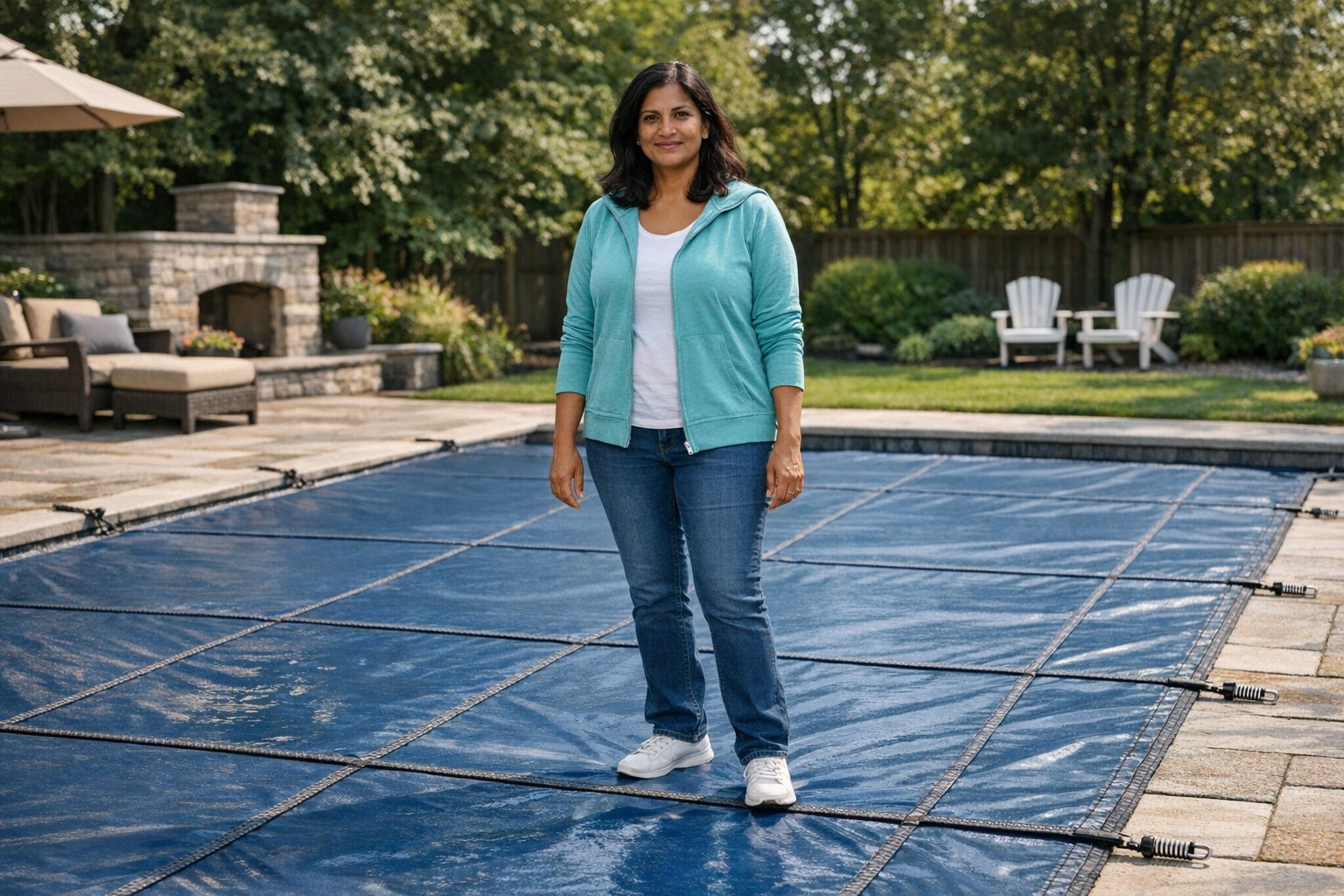 Pool cover over a backyard swimming pool with safety considerations for homeowners