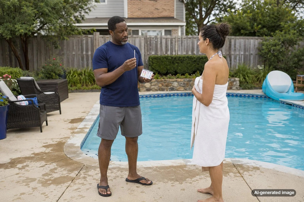 Homeowner swimming in a well-maintained residential saltwater pool while learning about eye and skin irritation
