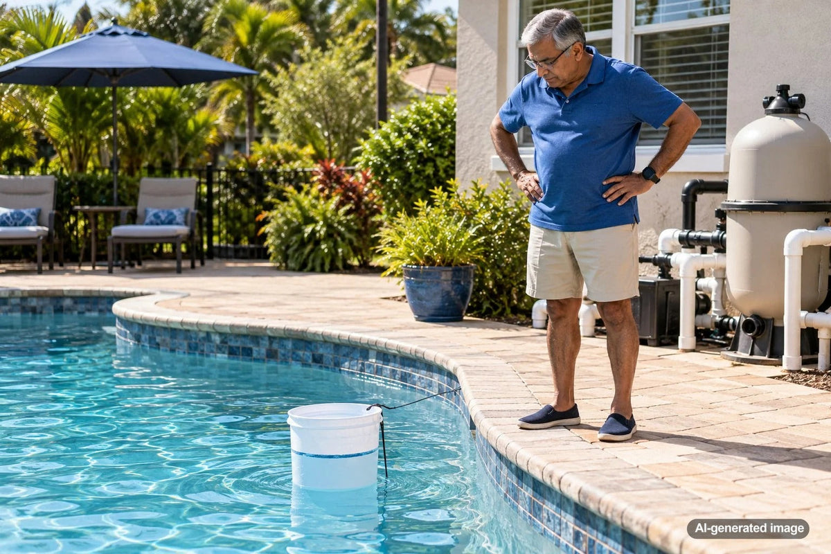 Swimming pool bucket test setup illustrating how splash-out can interfere with evaporation measurements and produce misleading pool leak test results