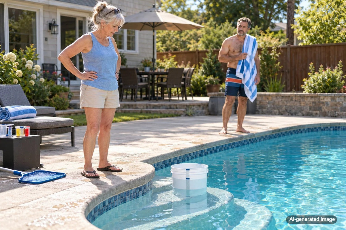 Residential swimming pool with a bucket test set up to compare pool water loss with evaporation while swimmers stay out of the water