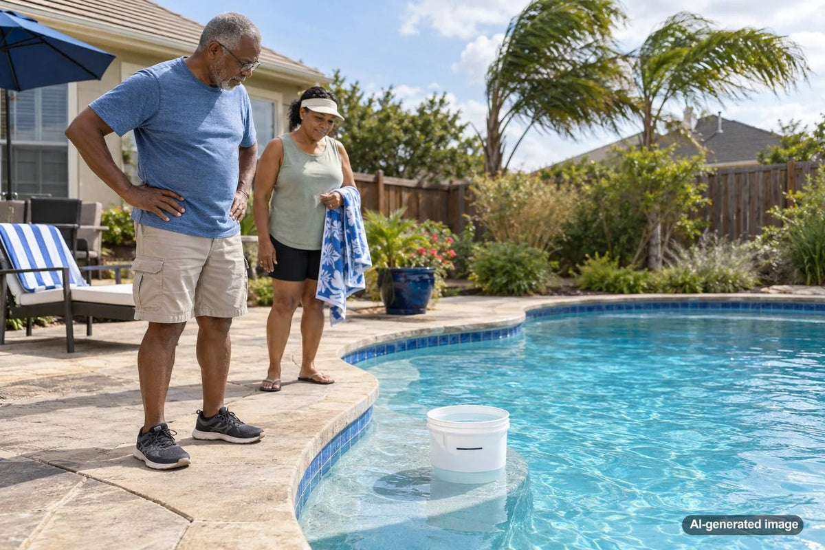 Pool bucket test set up beside swimming pool water during breezy weather