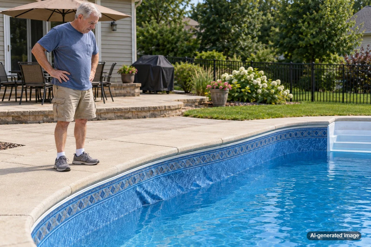 Wrinkles and folds in a vinyl swimming pool liner that may indicate groundwater or trapped water behind the liner