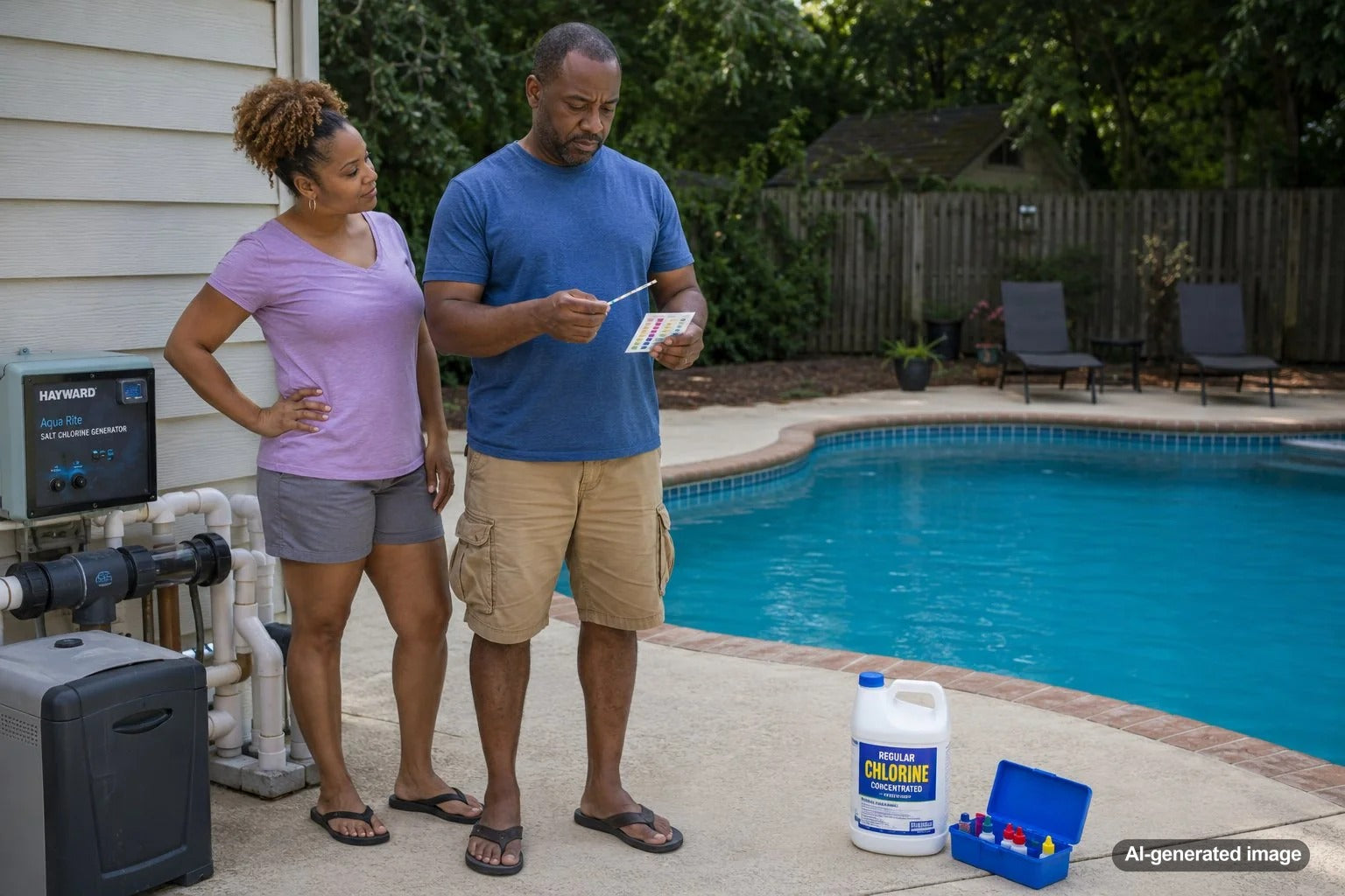 Pool owner adding liquid chlorine to a clear residential saltwater swimming pool
