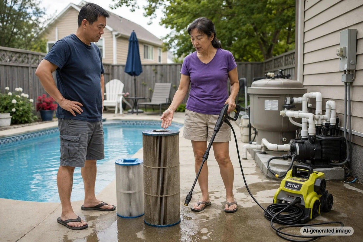 Pool owner cleaning pleated pool filter cartridges safely with a garden hose