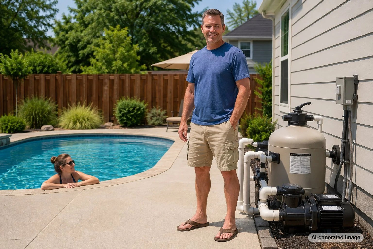 Backyard swimming pool with clear circulating water while the pool filter is running