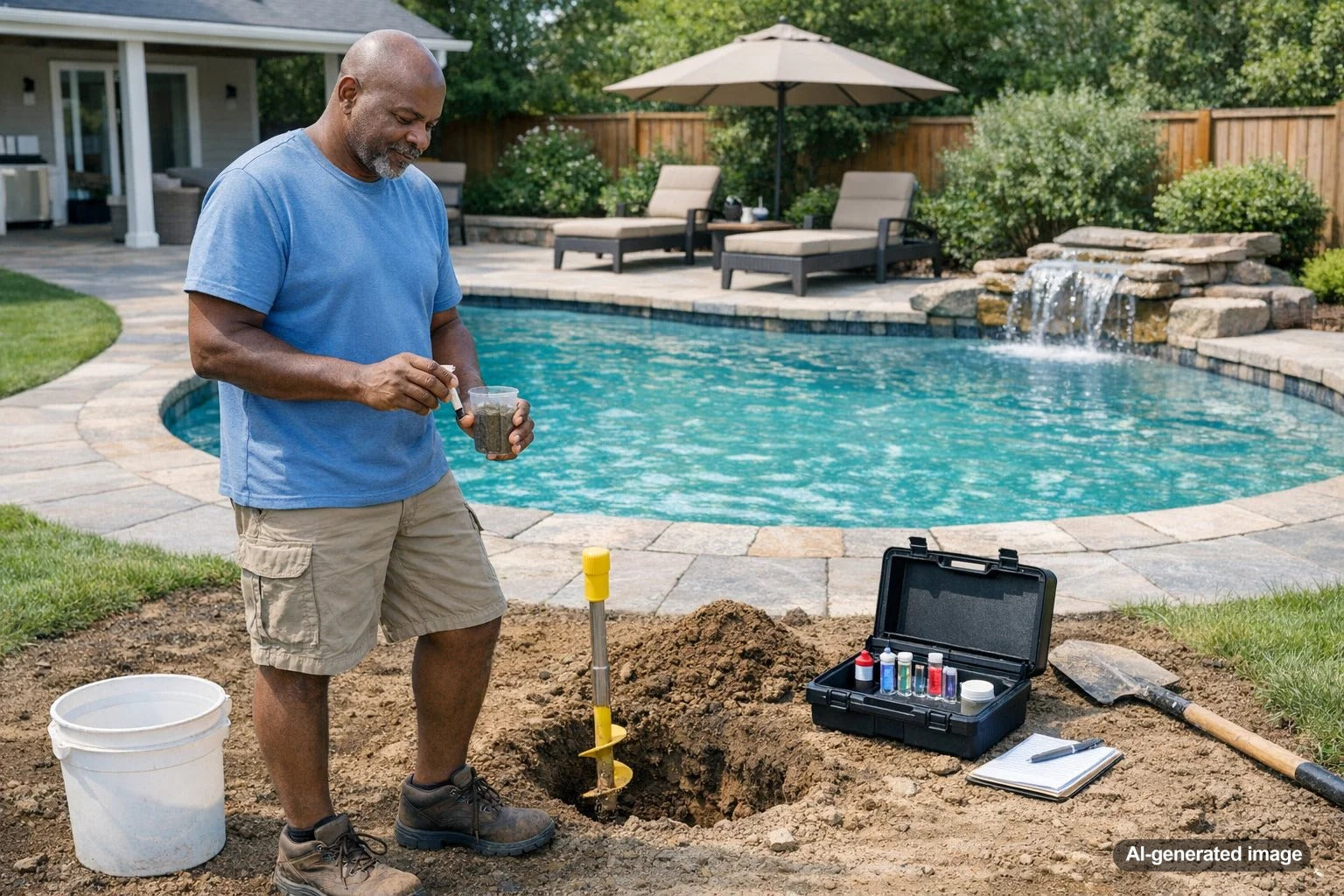 Excavation site showing soil layers before pool construction