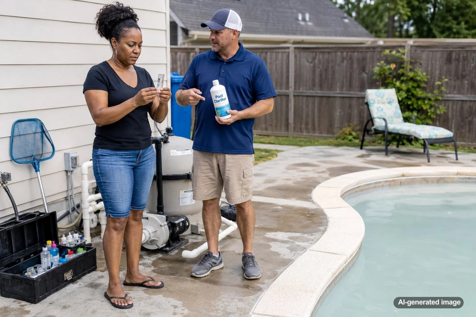 Cloudy swimming pool water being evaluated to determine whether pool clarifier can improve clarity