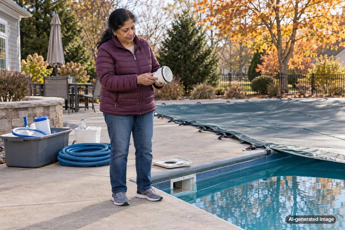 Swimming pool skimmer with winterizing plug used to protect pool plumbing and skimmer housing during winter closing