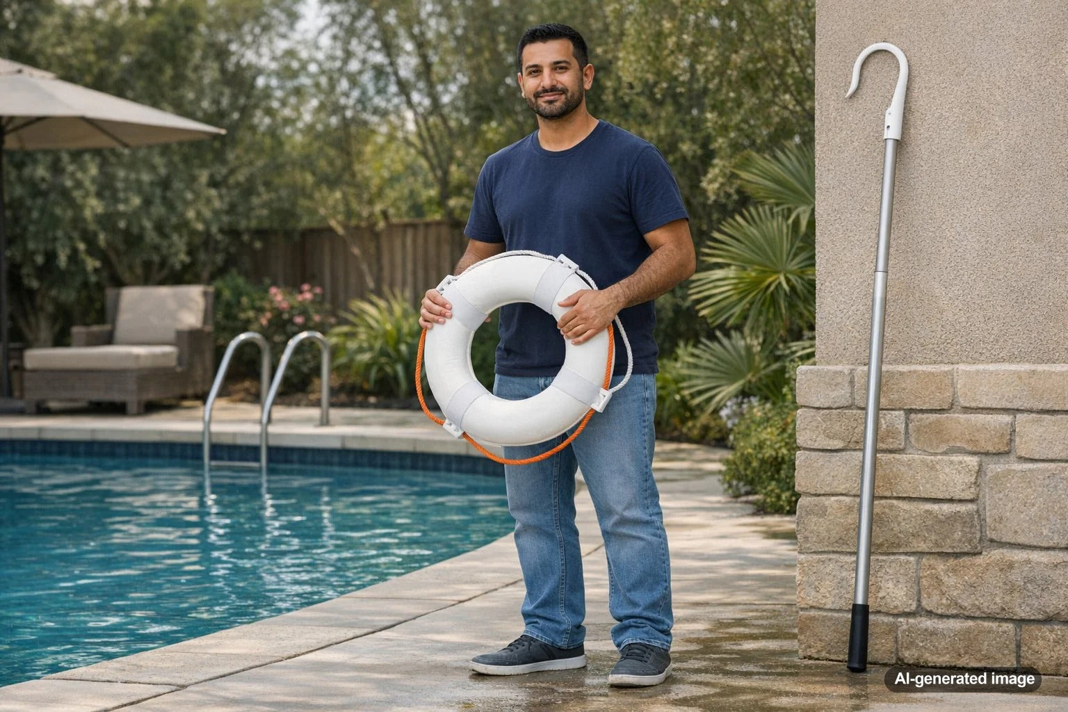 Pool safety equipment including a life ring and rescue hook beside a backyard swimming pool