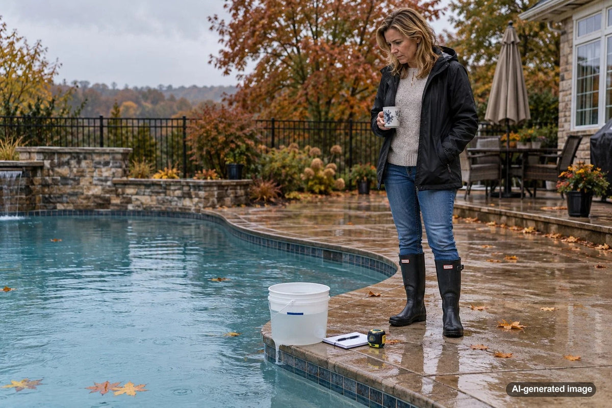 Outdoor swimming pool during rainy fall weather, illustrating how rainfall can complicate pool water loss measurements and leak detection