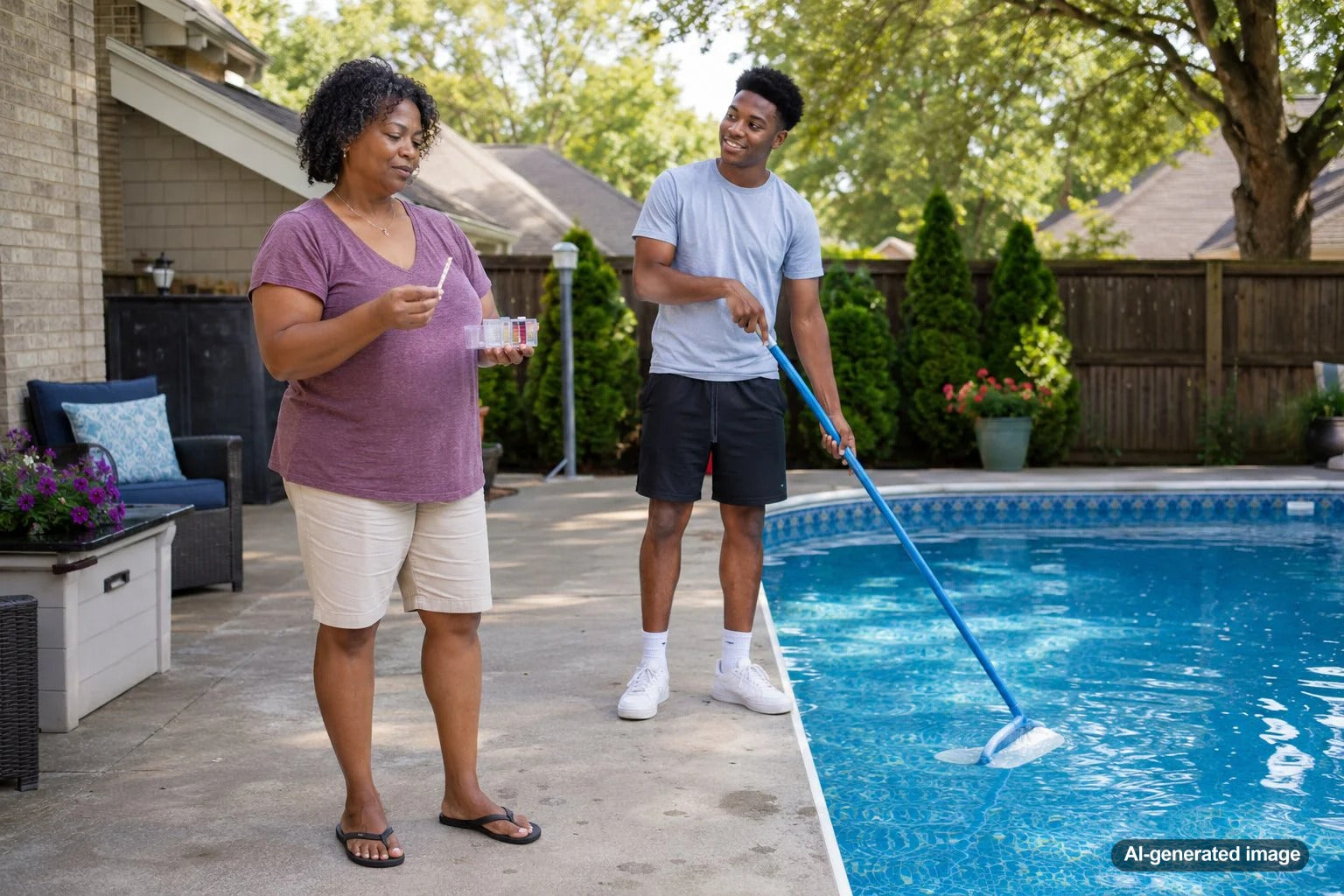 Family enjoying time together around a backyard swimming pool
