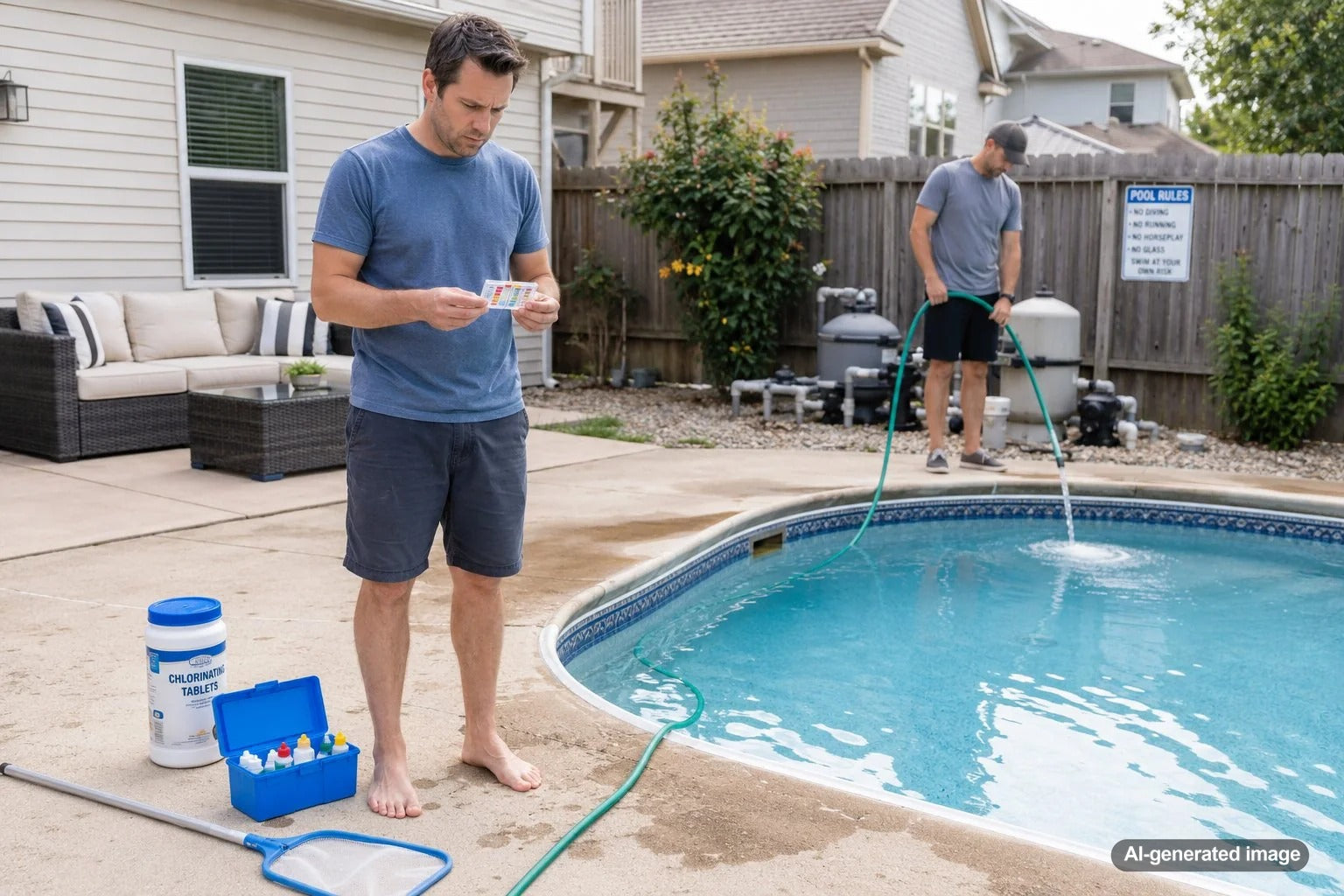 Homeowner checking a backyard swimming pool while investigating a slow leak and recurring maintenance problems