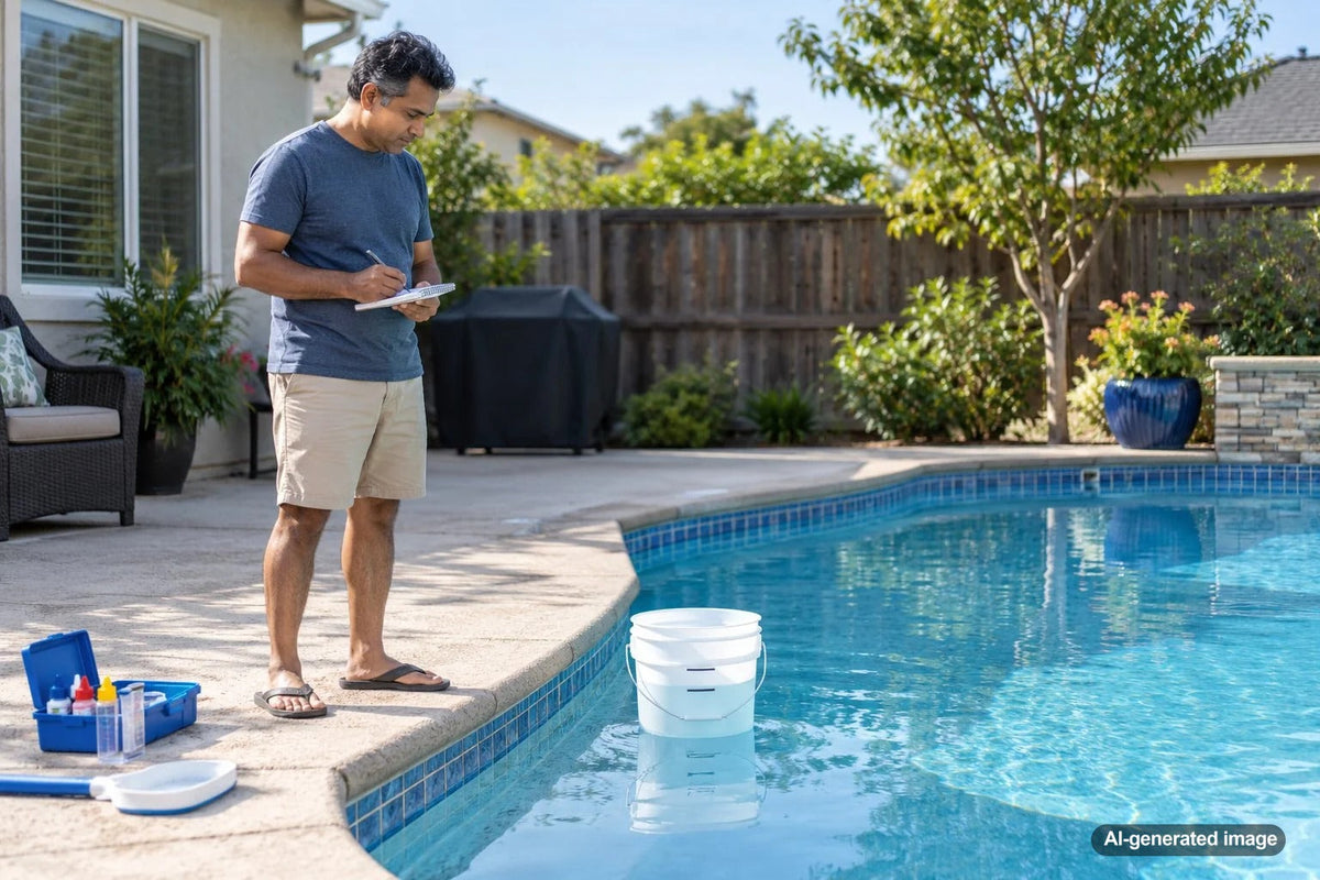 DIY swimming pool bucket test comparing water levels in a bucket and pool to evaluate evaporation and possible leaks