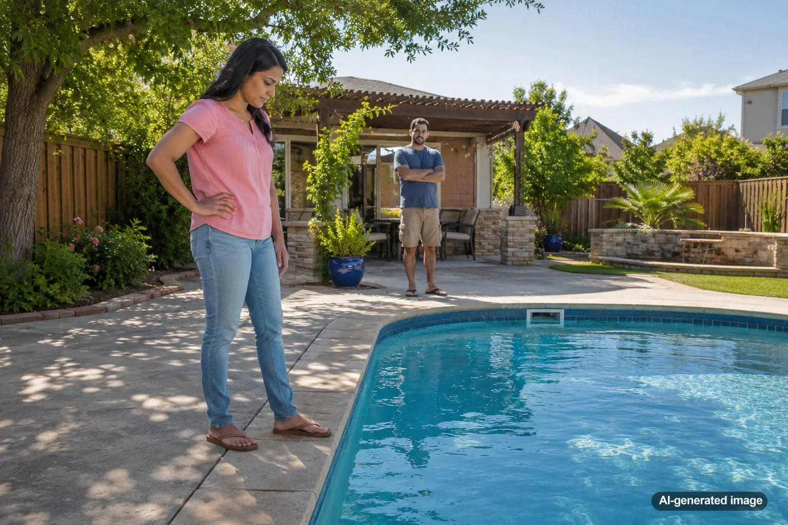 Backyard swimming pool exposed to changing sunlight, shade, wind, and landscaping conditions that affect water level