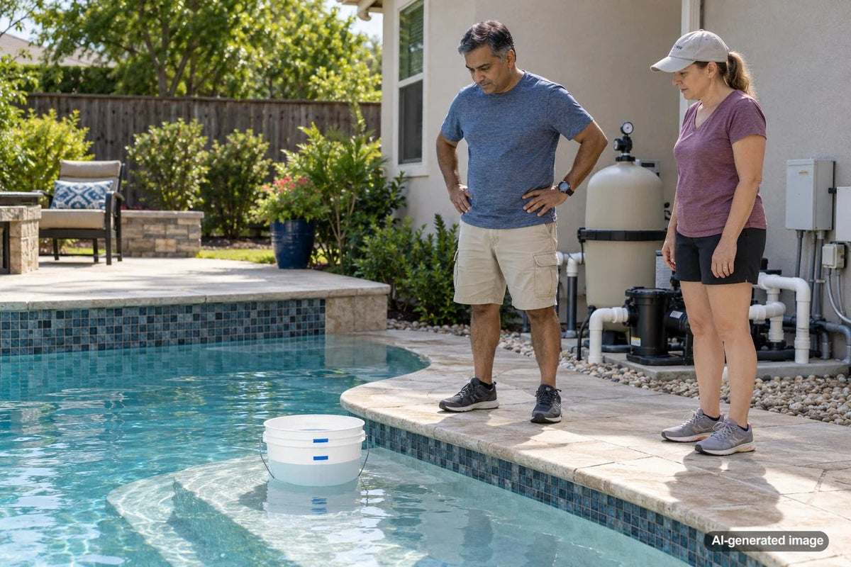 Bucket positioned partially underwater on a swimming pool step for comparing evaporation with possible pool leak water loss