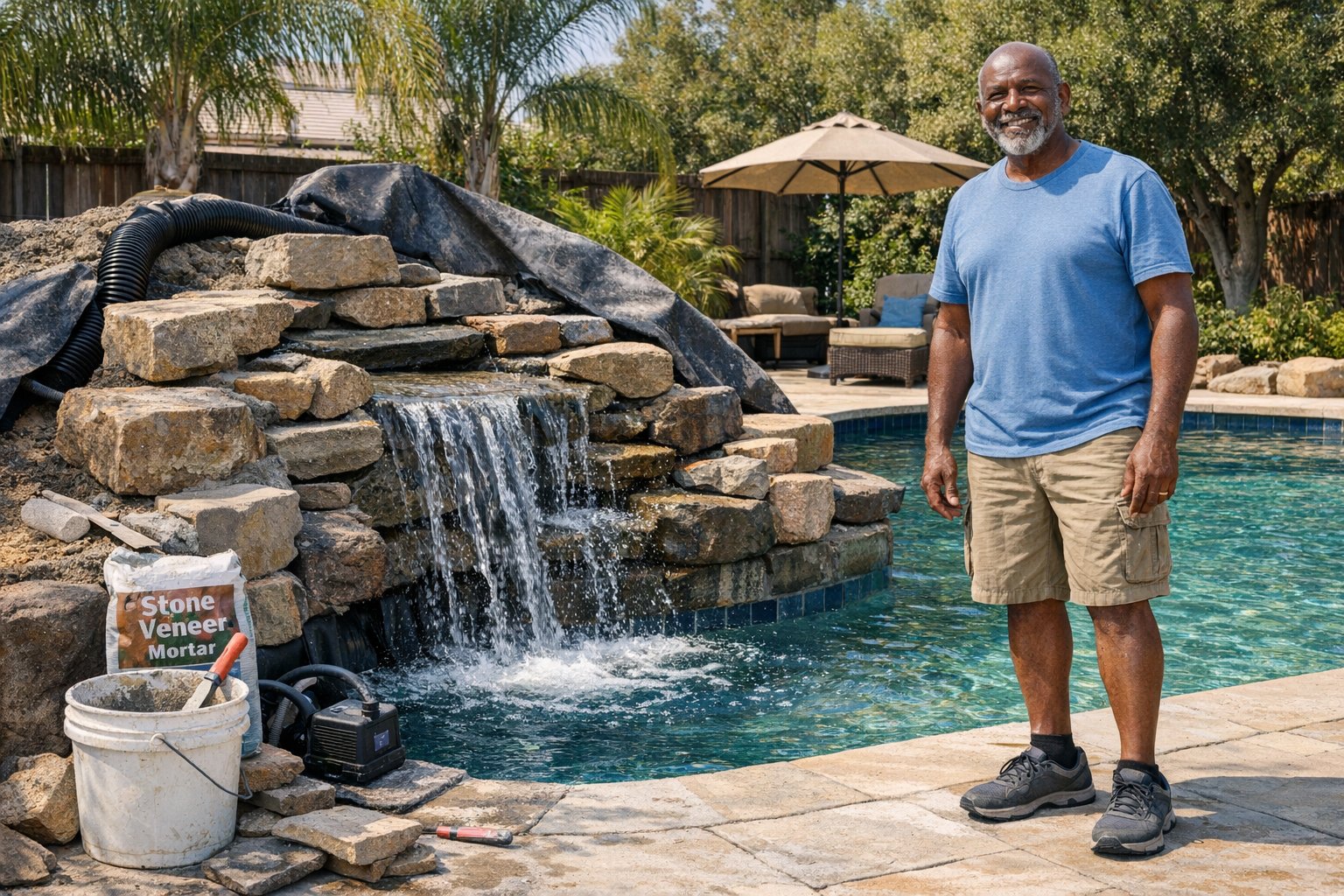 Backyard swimming pool with a newly added waterfall feature flowing into the water