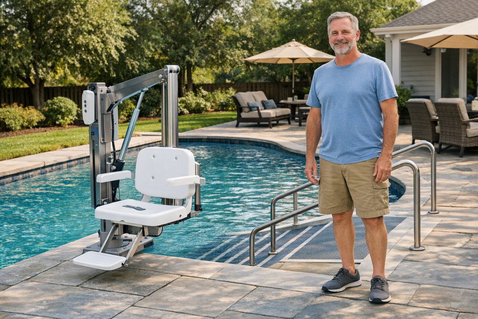 Accessible commercial swimming pool with ADA-compliant entry options and deck access