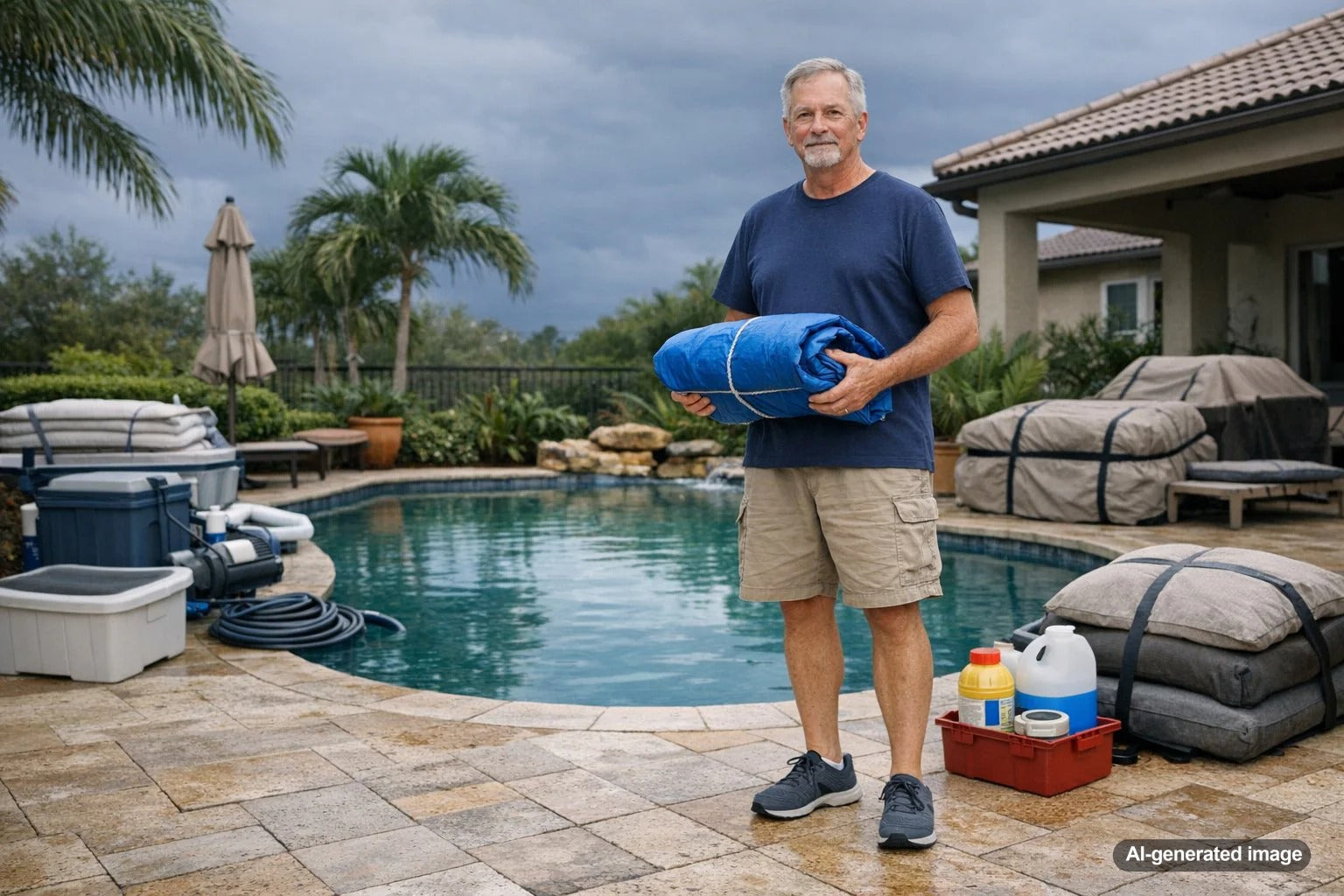 Florida backyard swimming pool prepared ahead of an approaching hurricane storm