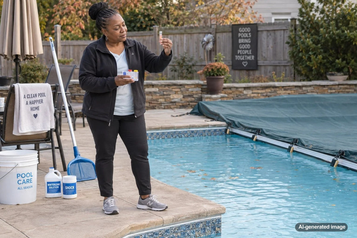 Residential swimming pool prepared for the off-season with clean water and surfaces to help prevent pink slime