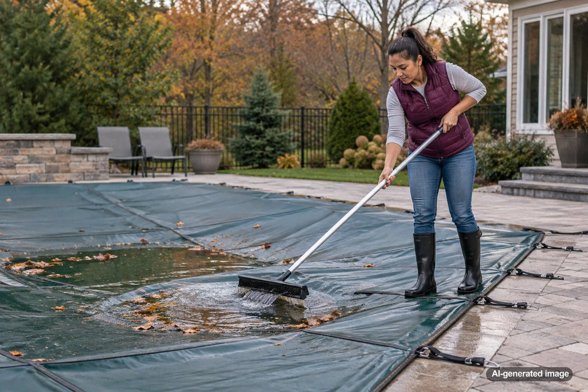 Homeowner removing accumulated rainwater from a solid swimming pool cover with a pool cover pump