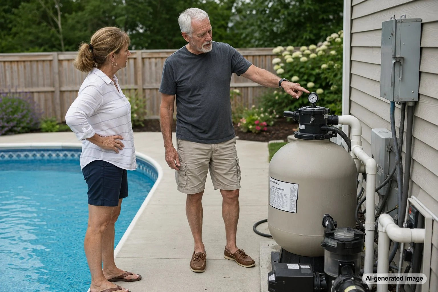 Pool owner checking the pressure gauge on a swimming pool filter to determine whether backwashing is needed