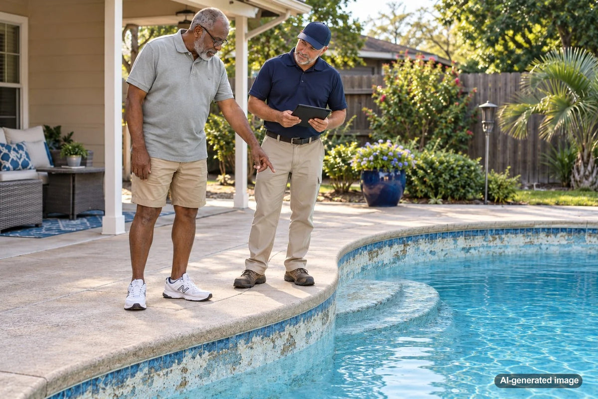 Aging swimming pool plaster showing surface wear and signs that resurfacing may be needed