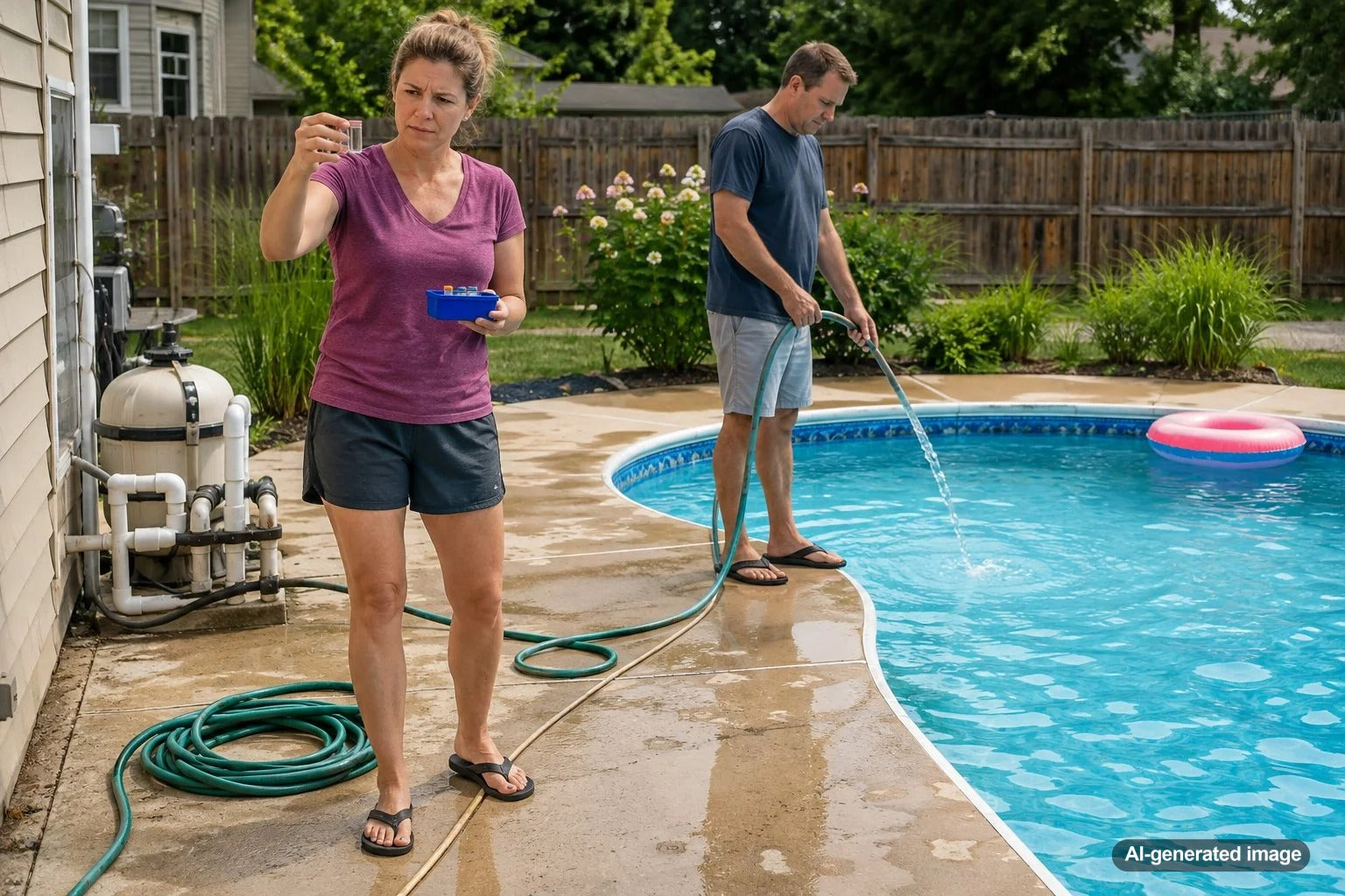 Residential swimming pool being partially drained and refilled to lower high cyanuric acid levels