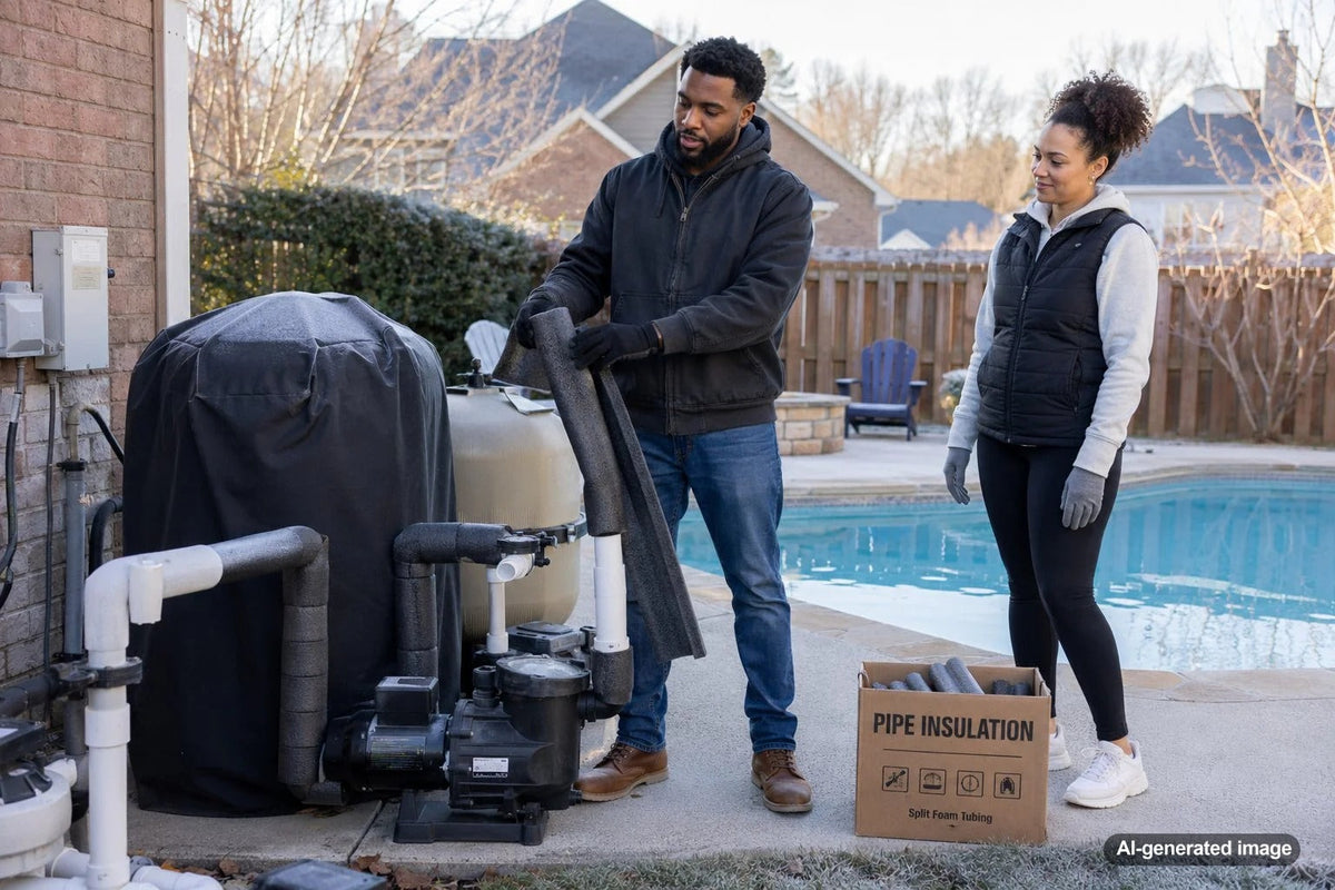 Swimming pool equipment and exposed plumbing prepared for freezing winter temperatures