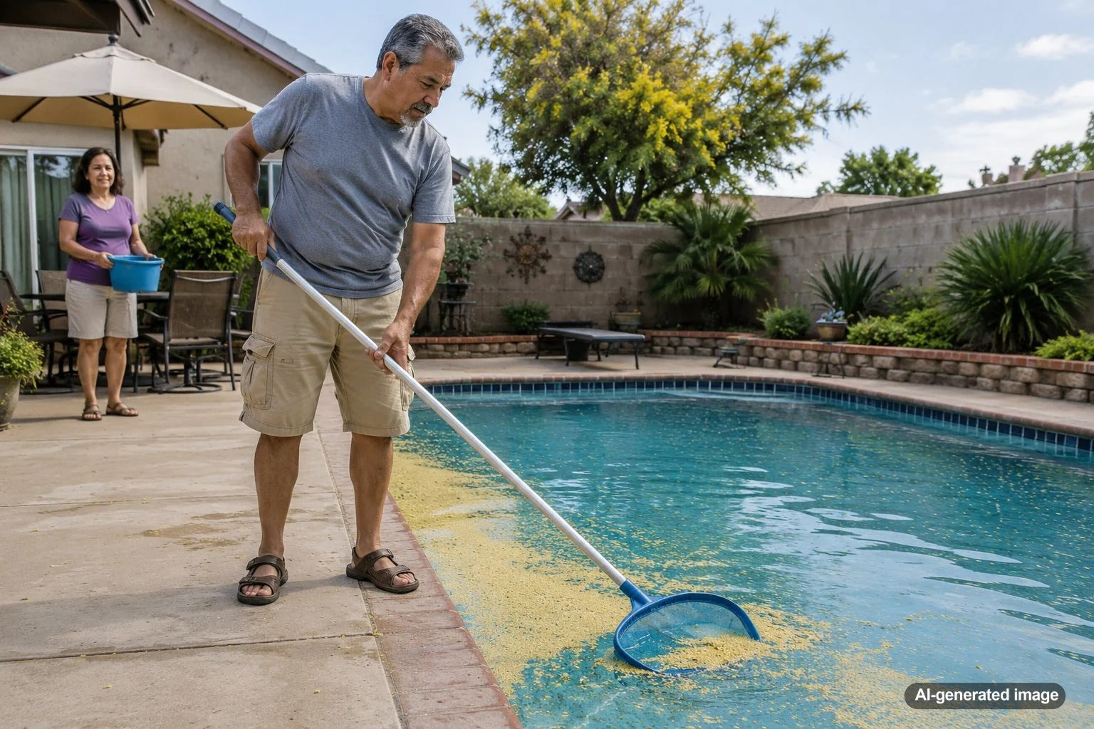 Pool owner removing yellow pollen from the surface of a residential swimming pool