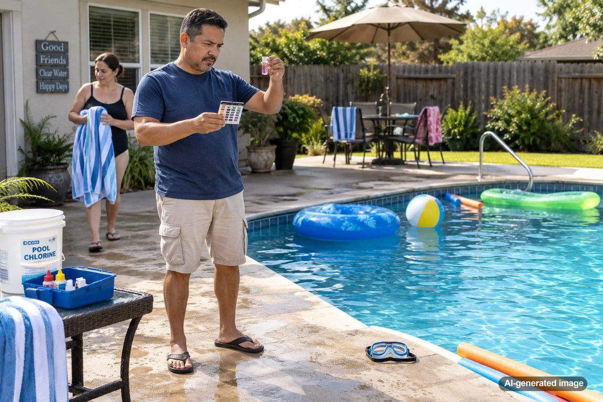 Busy residential swimming pool illustrating how heavy pool use can affect chlorine levels and water chemistry